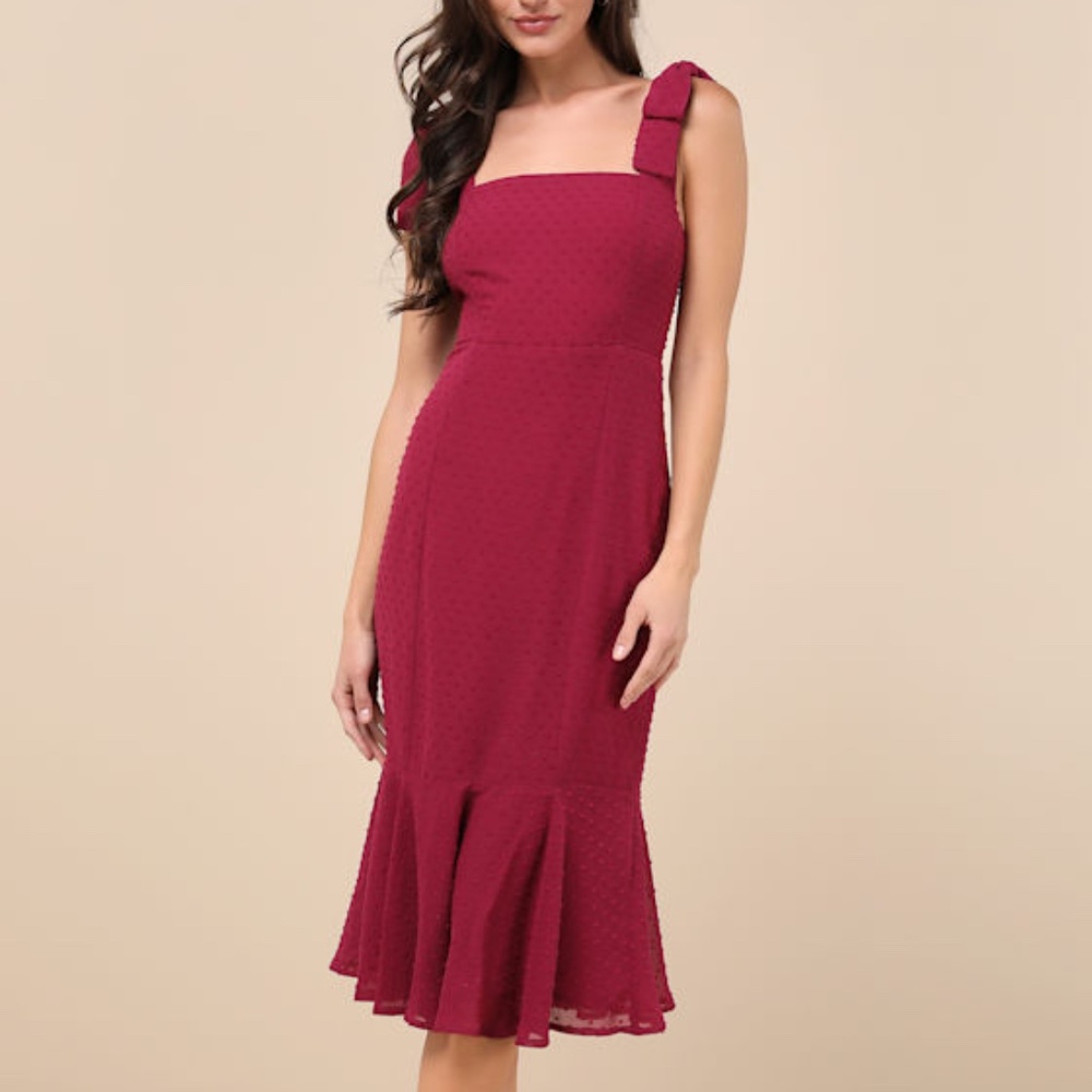 Lulus Bimini Dark Wine Red Swiss Dot Tie-strap Midi Dress Purple - Size XXL - Picture 1 of 1
